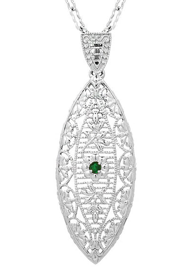 1920'southward Vintage Style Filigree Emerald Leaf Pendant Necklace in Sterling Argent