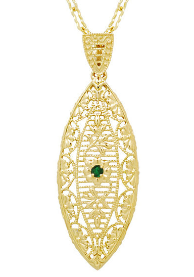 Fine art Deco Leaf Filigree Emerald Necklace in Yellow Gold Vermeil Over Sterling Silver