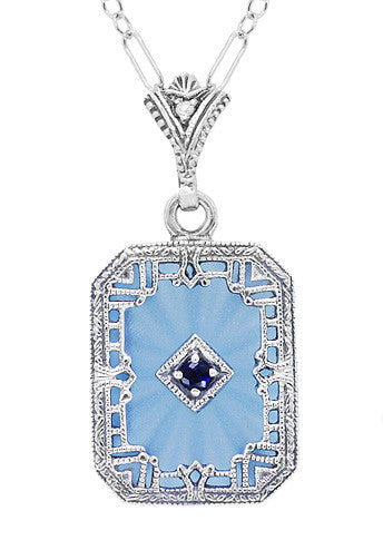Art Deco Filigree Sky Blue Sun Ray Crystal Pendant Necklace with Sapph ...