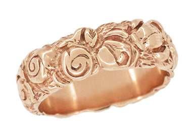 Retro Carved Roses 14 Karat Rose Gold Wedding Band - 6.3mm Wide