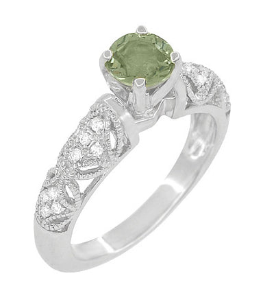Art Deco Filigree "Charlene" Green Sapphire Engagement Ring with Side Diamonds in 14 Karat White Gold