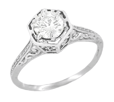 Art Deco White Sapphire Filigree Engagement Ring in 14K White Gold