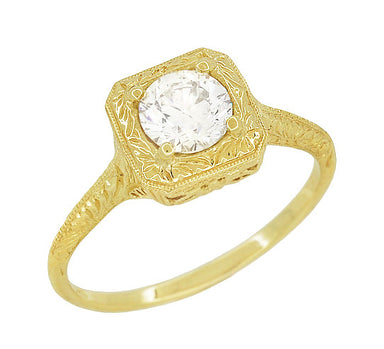 Grid Scrolls Vintage Engraved 3/4 Carat Diamond Art Deco Date Ring in xiv Karat Xanthous Gold