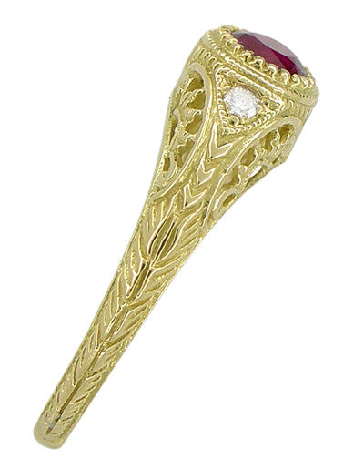 1920's Art Deco Yellow Gold Ruby Filigree Engagement Ring with Side Di