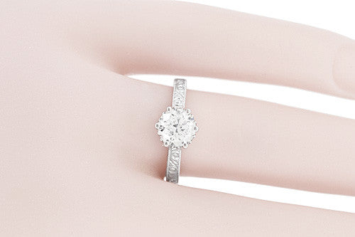 Art Deco Filigree Scrolls Tiara Crown 1.27 Carat Solitaire Diamond Engraved Engagement Ring in 18 Karat White Gold - Item: R199WD125 - Image: 7