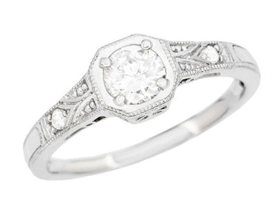 Art Deco Filigree White Sapphire Engagement Ring in 18 Karat White Gold