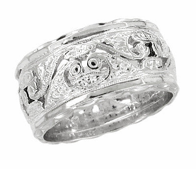 10mm Wide Filigree Engraved Scrolls Antique Wedding Band-14K White Gold