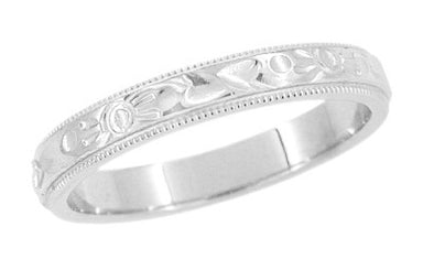 Fine art Deco Flowers and Leaves Millgrain Edge Engraved Wedding Band in White Gilt