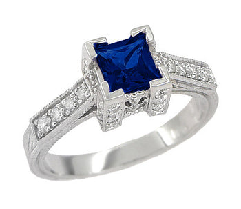 Art Deco 1 Carat Princess Cut Blue Sapphire and Diamond Engagement Ring ...