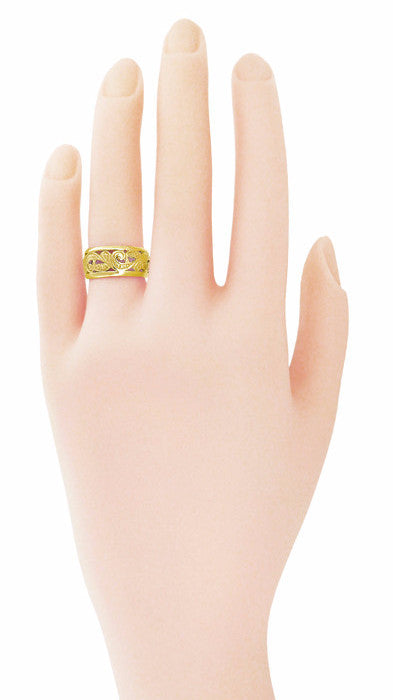 Retro Moderne Scrolls and Leaves Filigree Wedding Ring in 14K Yellow Gold -  8.5mm Wide - Size 5.5