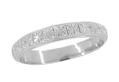 Art Deco Flowers Millgrain Edged Antique Wedding Band in 18 Karat White Gold - Size viii 1/2