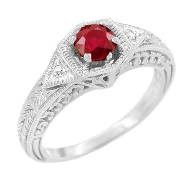 Art Deco Crimson and Diamond Filigree Engraved Appointment Ring in xiv Karat White Gold