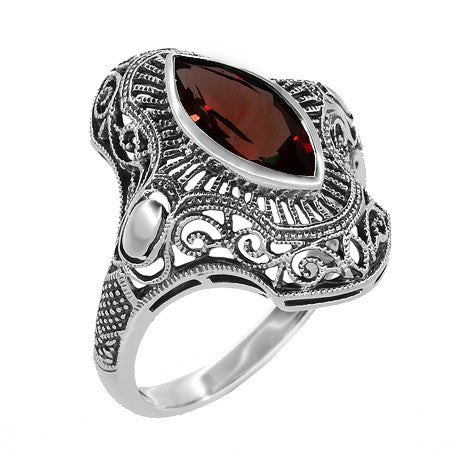 Art Deco Filigree Marquise Garnet Cocktail Ring in Sterling Silver ...