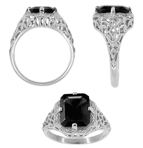 Art Deco Flowers Vintage Black Onyx Filigree Ring Sterling Silver Antique Jewelry Mall