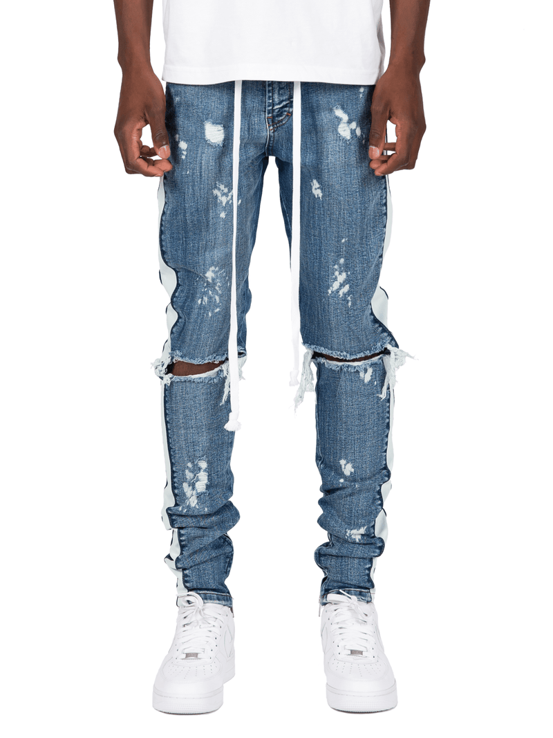 distressed track denim jeans