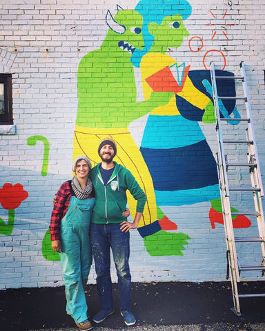 Rox and Tom midway through the mural at our studio