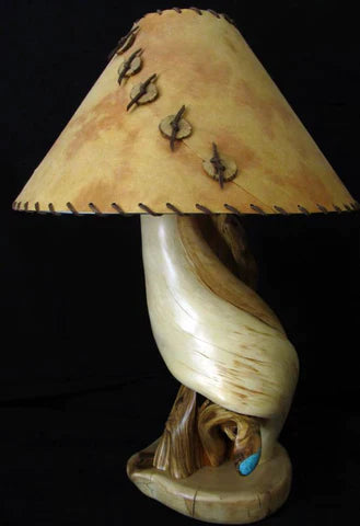 wood table lamp with turquoise inlay