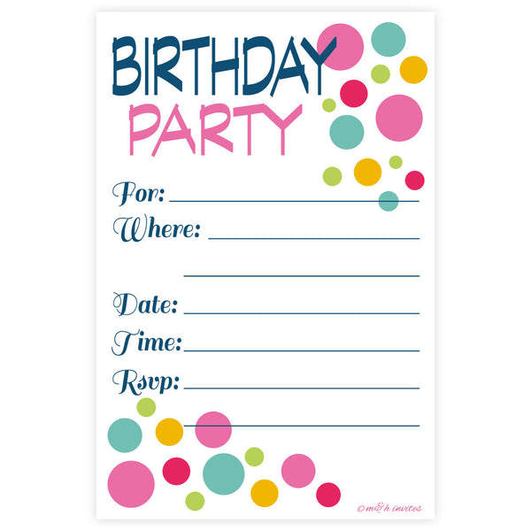 Colorful Modern Birthday Fill In Invitations | m&h invites