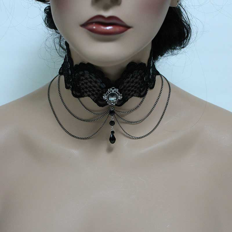 Black Sequin Lace Victorian Gothic Choker Necklace - Jewelshart Inc