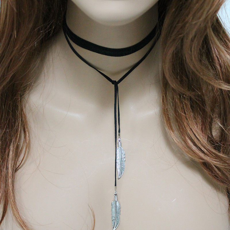 Black Suede Silver Feather Boho Lariat_900x