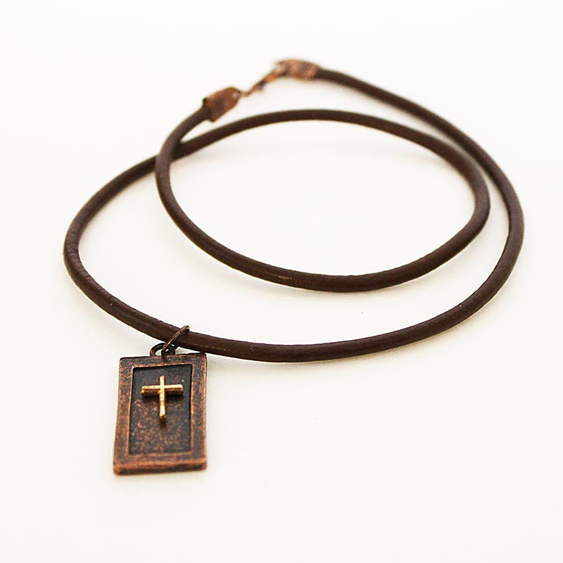 Handmade Men's Brown Leather Necklace Cross Pendant - Jewelshart Inc