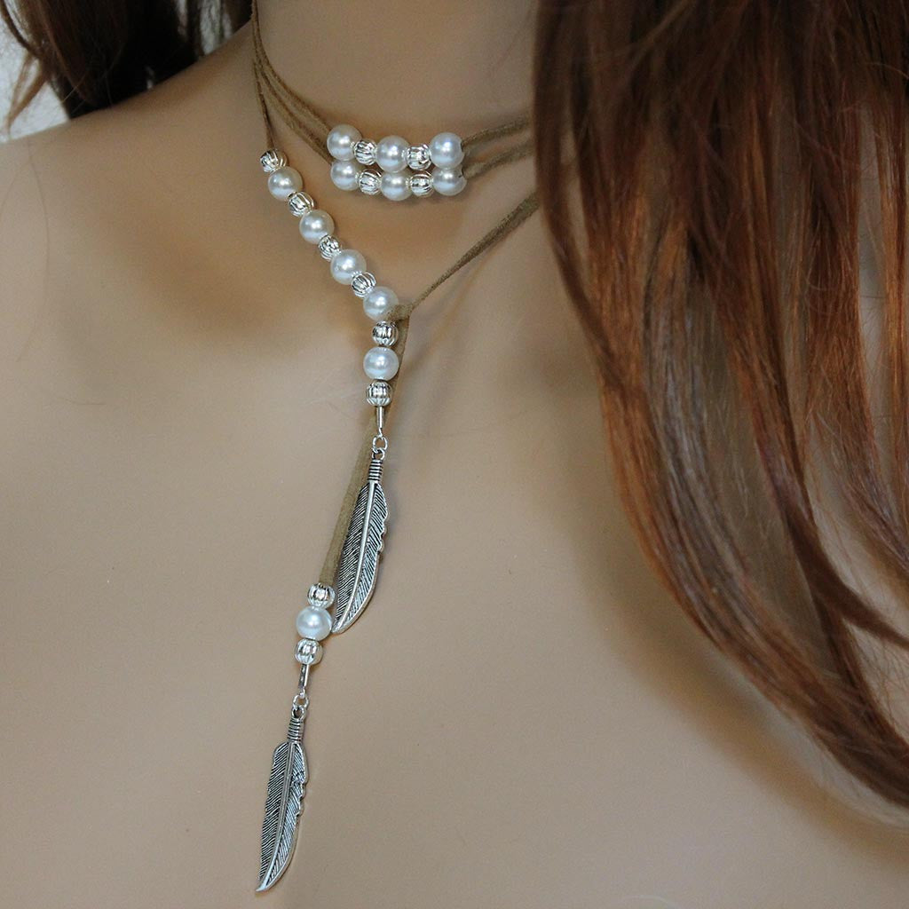 Light Brown Guoat Suede Pearl _ Feather Lariat Necklace_2000x