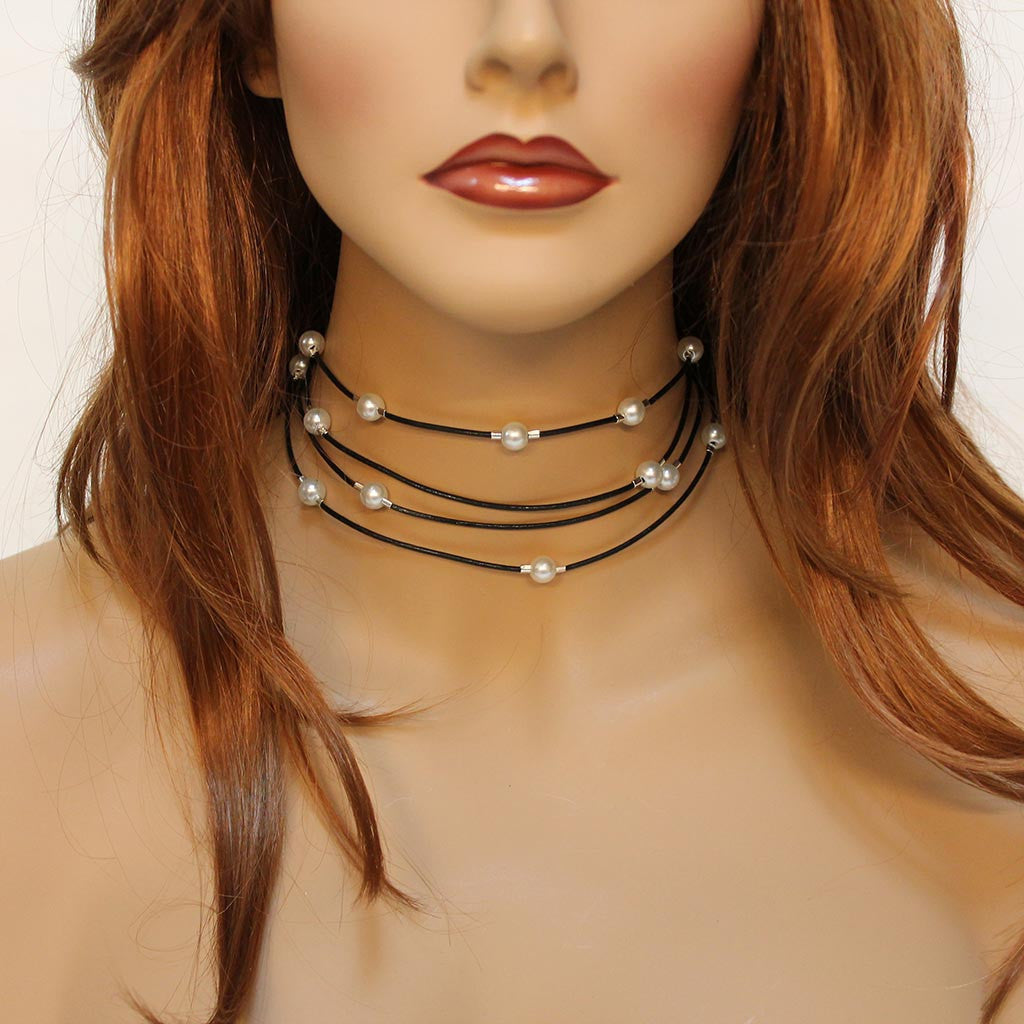 Multi Strand Black Leather Pearl Choker Necklace Jewelshart Inc 5937