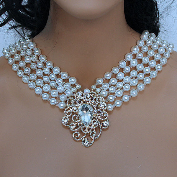 Multi Strand Pearl Bridal Statement Necklace - Jewelshart Inc