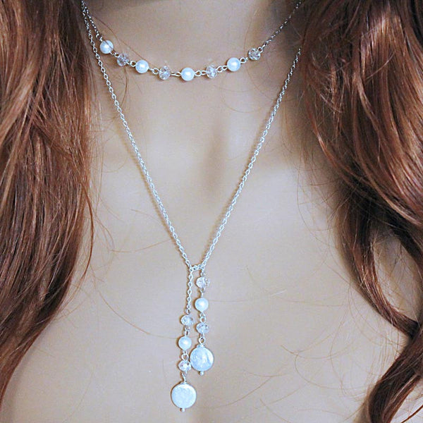 Elegant Pearl Lariat Necklace, Bridesmaid Jewelry Gift