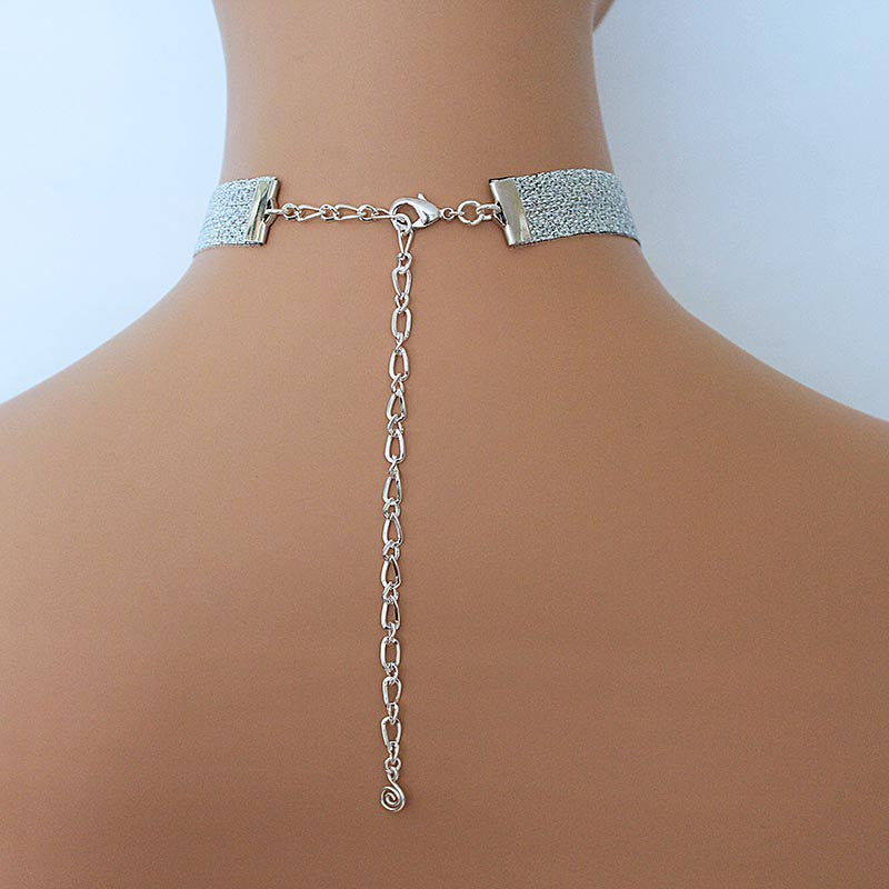 Silver Black Reversible Sparkly Choker Necklace - Jewelshart Inc