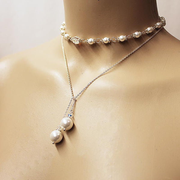 Pearl Lariat, Sterling Silver Crystal Open Necklace