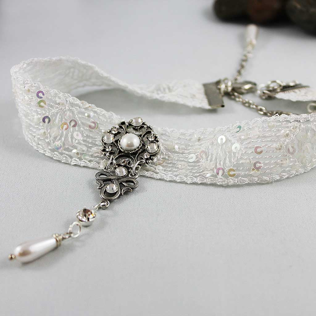White Lace Victorian Choker Necklace, Bridal Choker Sequin Collar ...