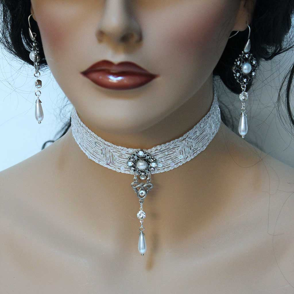 White Lace Victorian Choker Necklace, Bridal Choker Sequin Collar - Jewelshart Inc