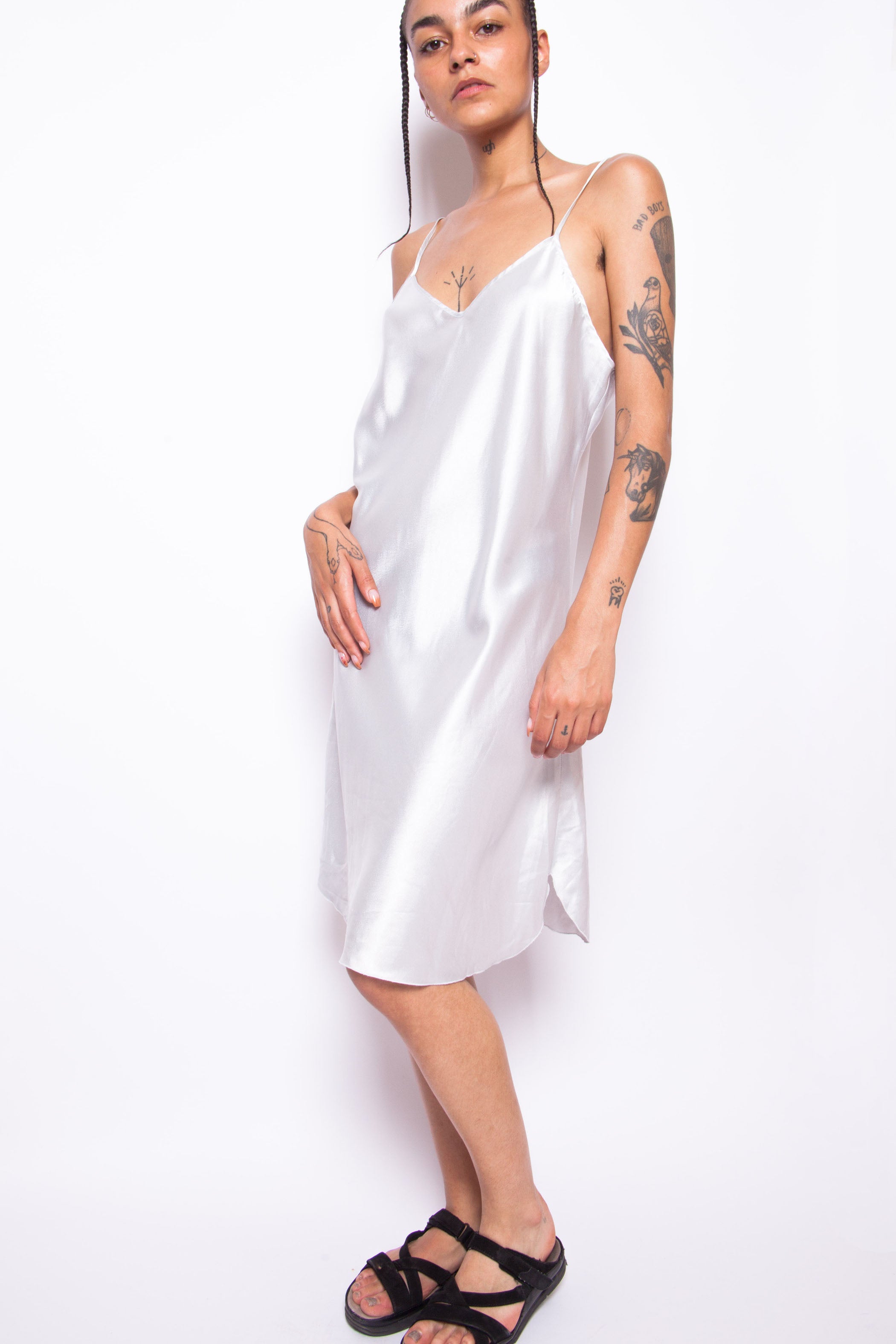 baby blue satin slip dress