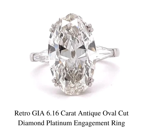 Bague de fiançailles en platine avec diamants ovales antiques rétro GIA de 6,16 carats