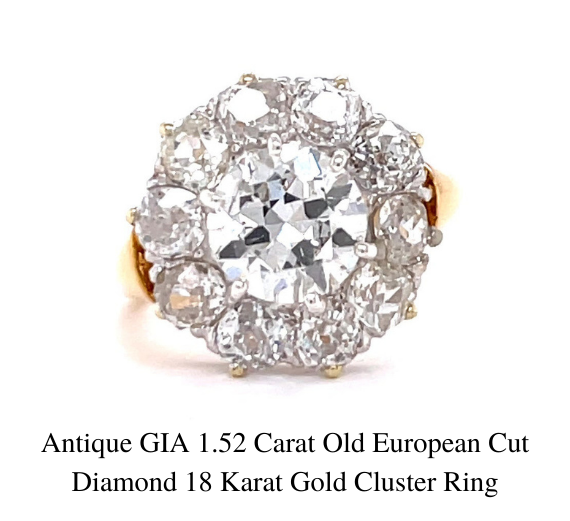 Bague antique en or 18 carats avec diamant taille européenne ancienne GIA de 1,52 carats
