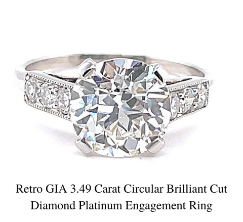 Bague de fiançailles en platine avec diamant taille brillant circulaire rétro GIA de 3,49 carats