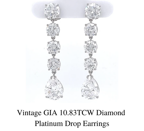 boucles d'oreilles vintage GIA 10.83TCW diamant platine pendantes
