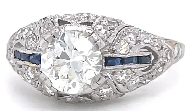 ART DECO DIAMOND SAPPHIRE PLATINUM BOMBE RING