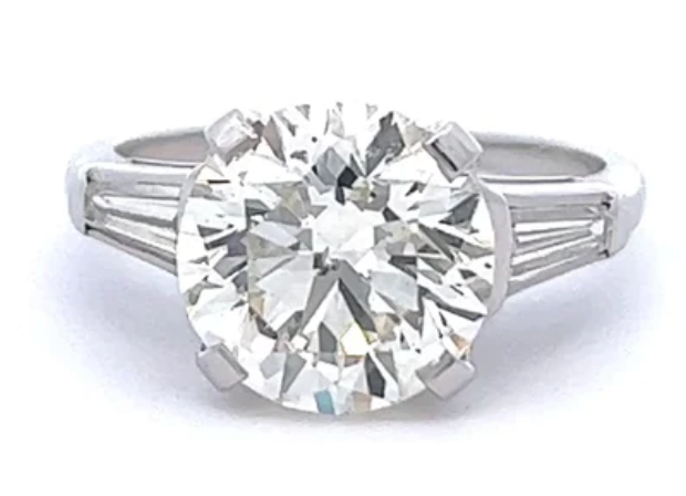 Mid century 4.10 carat round brilliant cut diamond in a platinum setting
