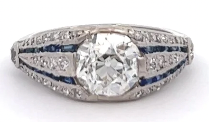 1.43 carats art deco old european cut diamond sapphire ring on a platinum setting