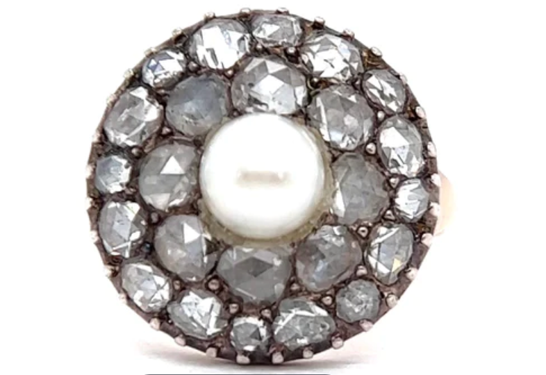 Georgian rose cut pearl diamond dinner ring on a rose gold setting