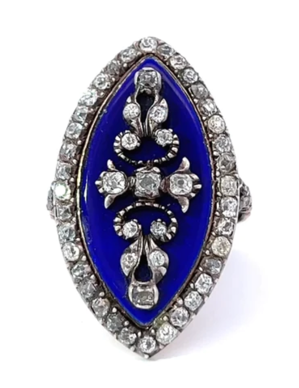 Blue Georgian diamond enamel ring on a silver setting