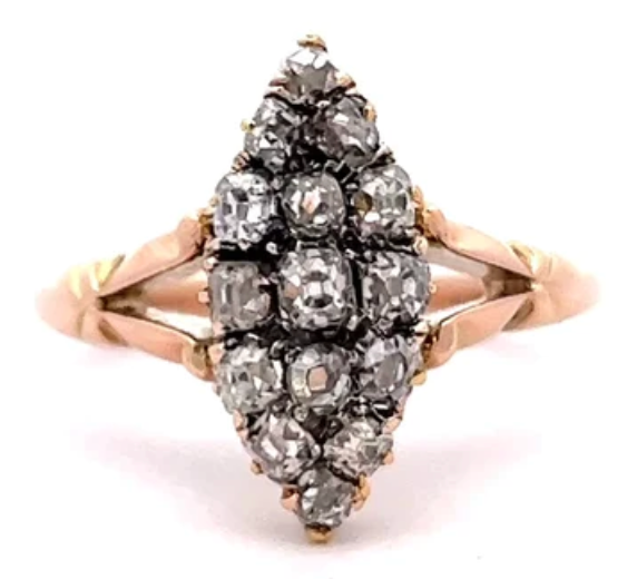 Victorian old mine cut diamond navette ring on a rose gold setting