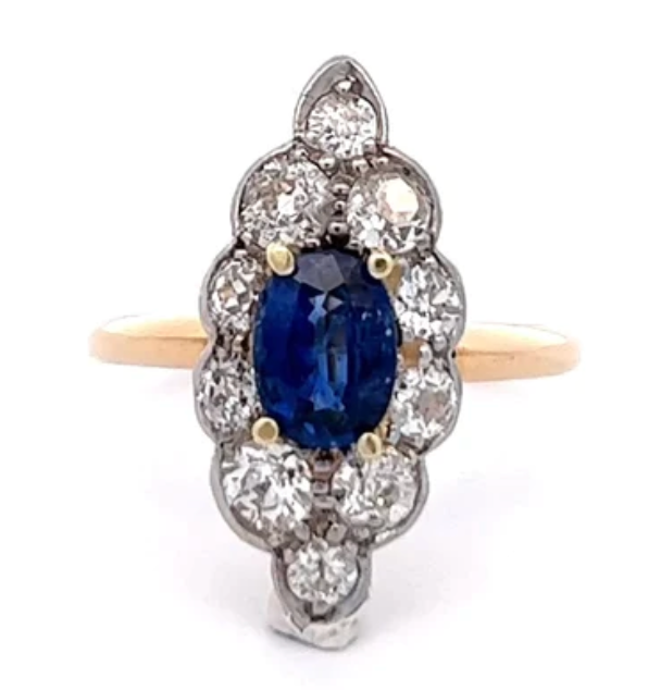 Edwardian sapphire diamond navette dinner ring on a yellow gold setting