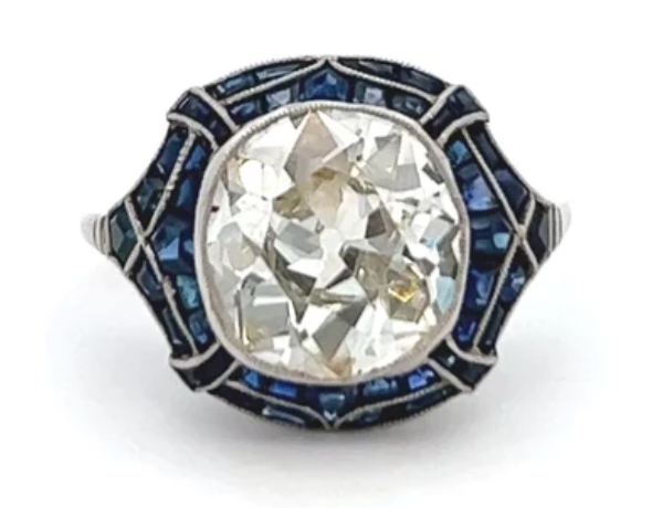 Art Deco inspired 3.39 carat old mine cut diamond sapphire on a platinum setting