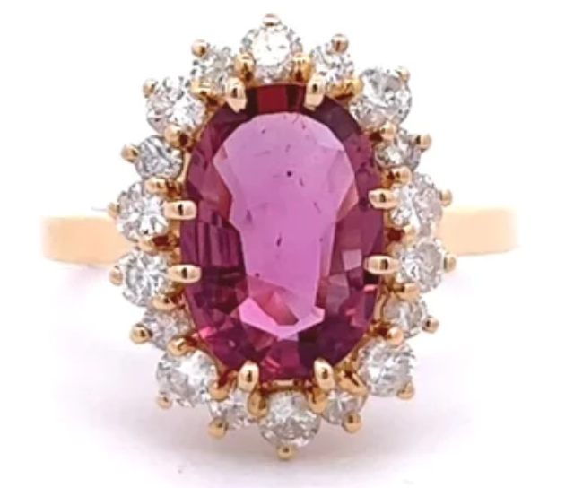 French GIA purple pink sapphire diamond cluster ring on a gold setting 