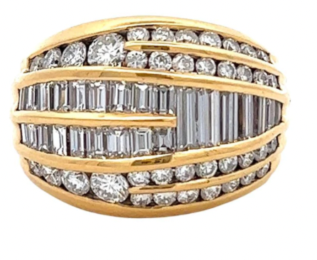 Vintage Italian 18k yellow gold done ring with 54 round brilliant cut and baguette cut diamonds