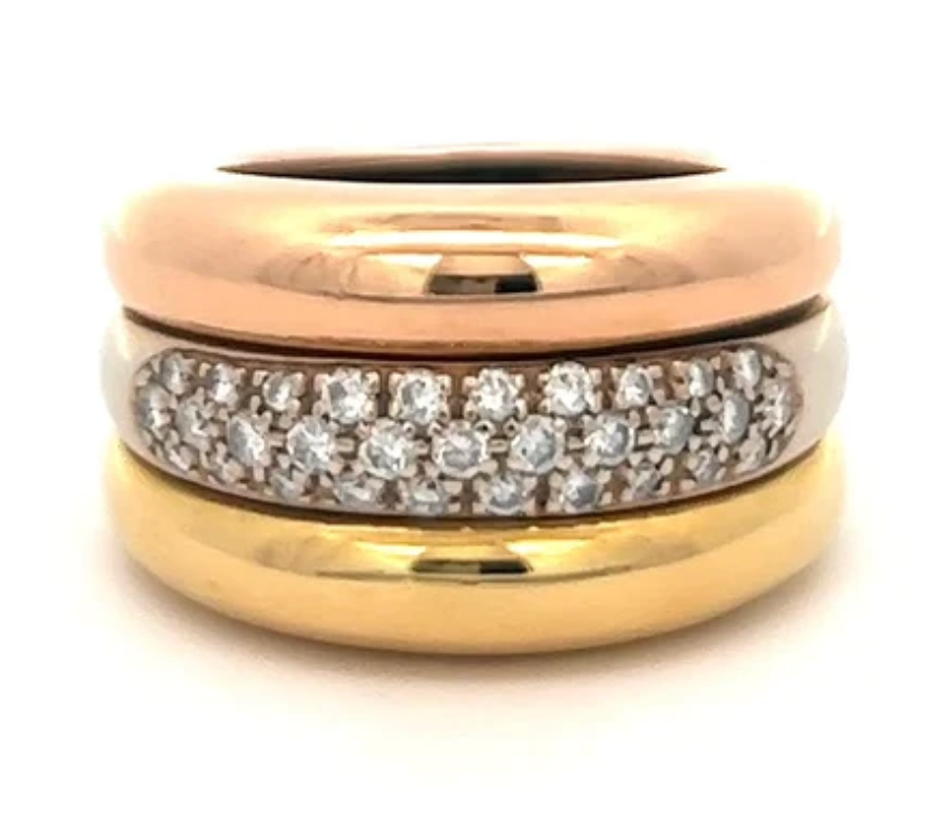 Cartier Italian diamond tri tone gold stacked with diamonds in the middle band ring 