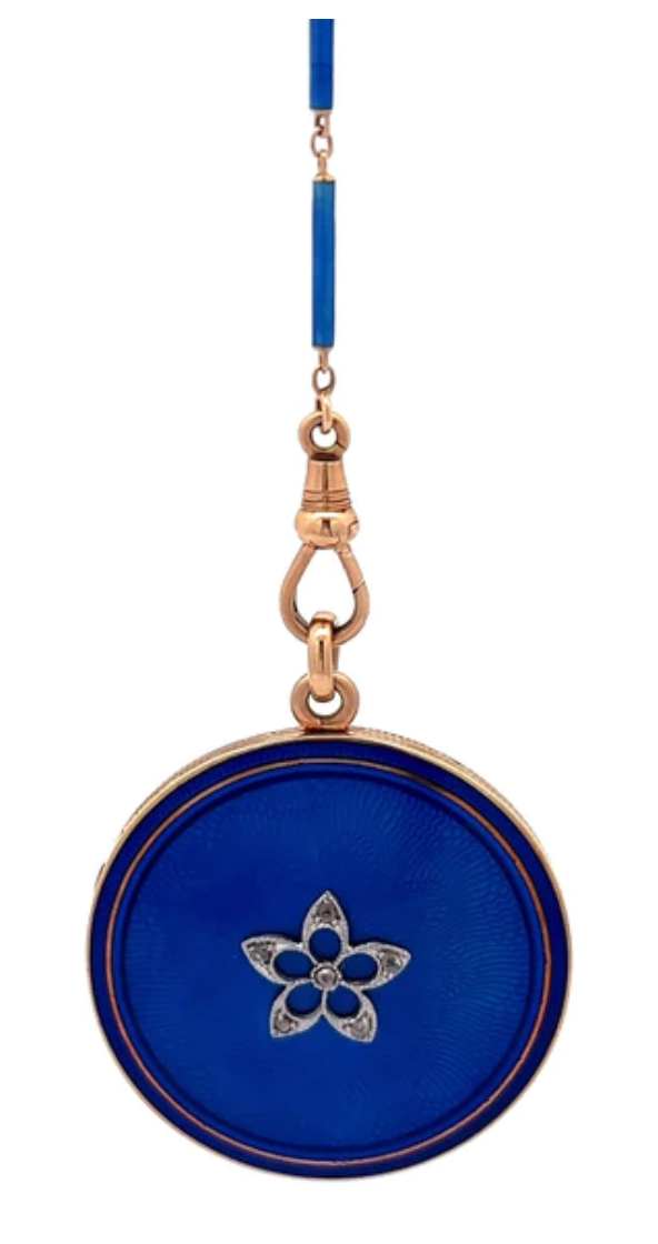 Edwardian diamond royal blue guilloche enamel locket and chain necklace on a 14k yellow gold setting